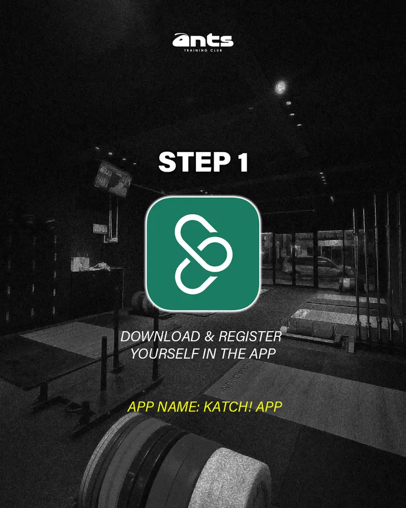 The club's step-one card: the Katch! app icon, captioned download and register yourself in the app.