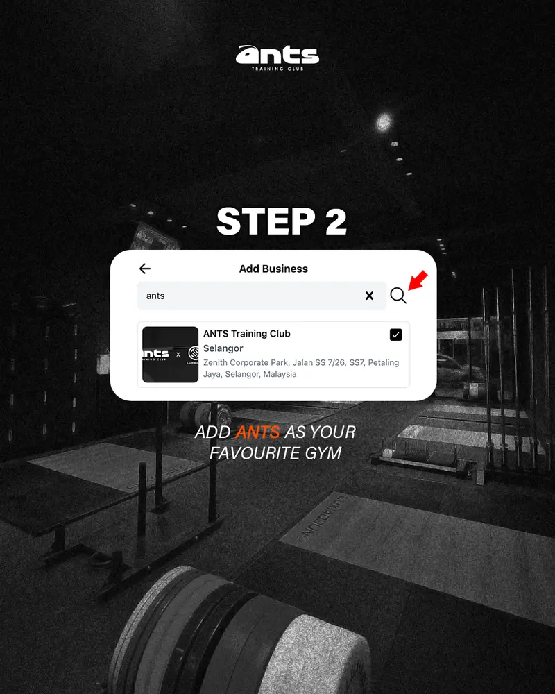 The club's step-two card: the app's Add Business screen, with ANTS Training Club found by searching for "ants".