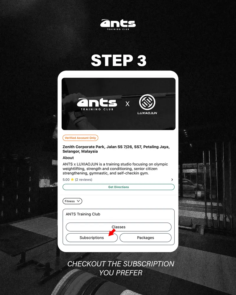 The club's step-three card: the club's page in the app, with the Subscriptions button arrowed.