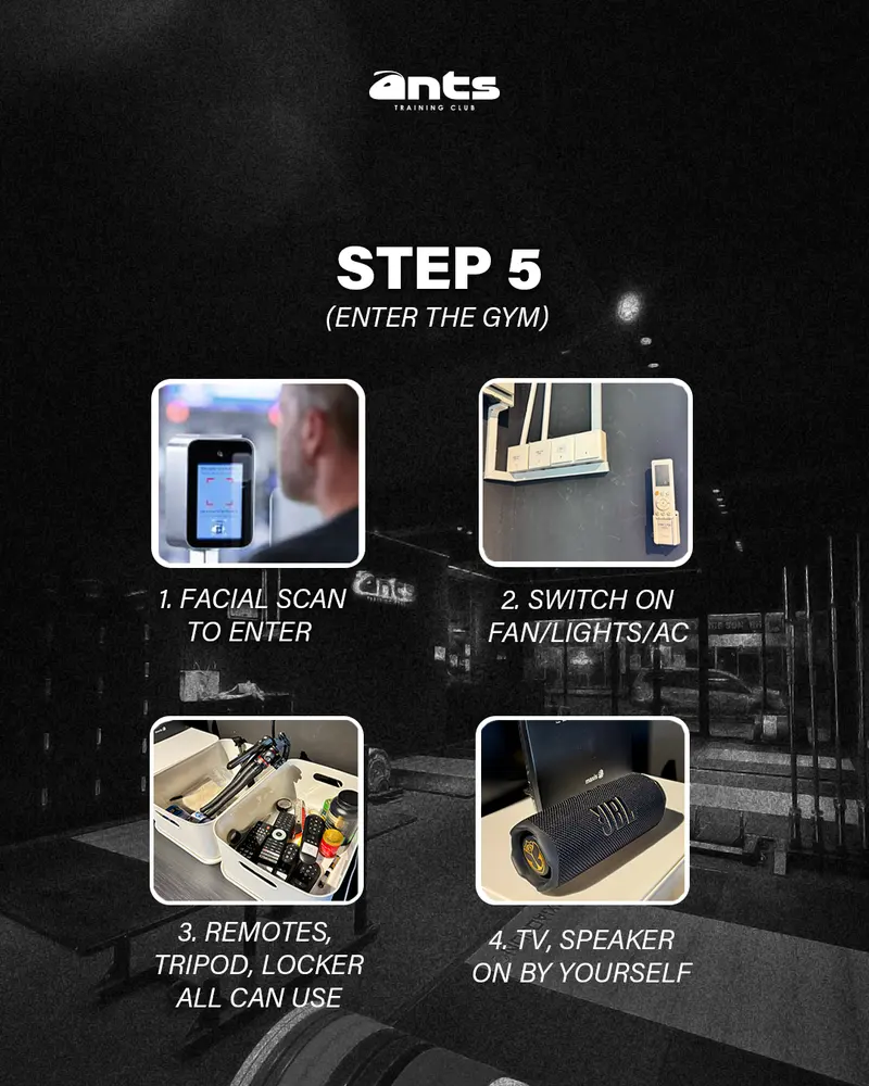 The club's step-five card: four photographs - the entry scanner, the switch panel, the basket of remotes and a tripod, and the speaker.