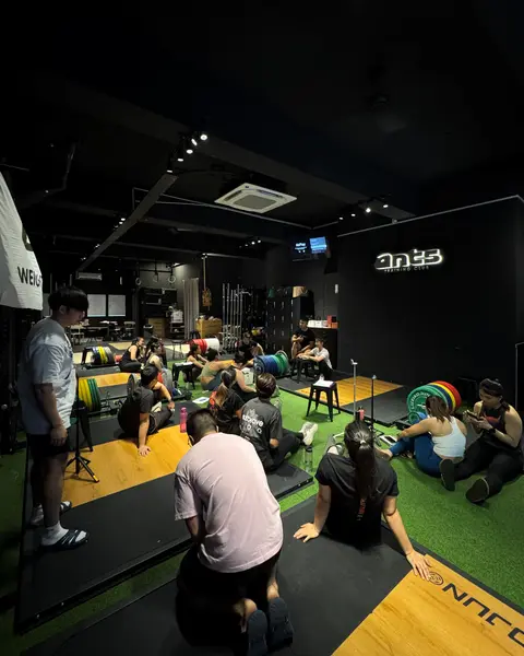 A large group seated on the turf and platforms for a workshop in the gym.