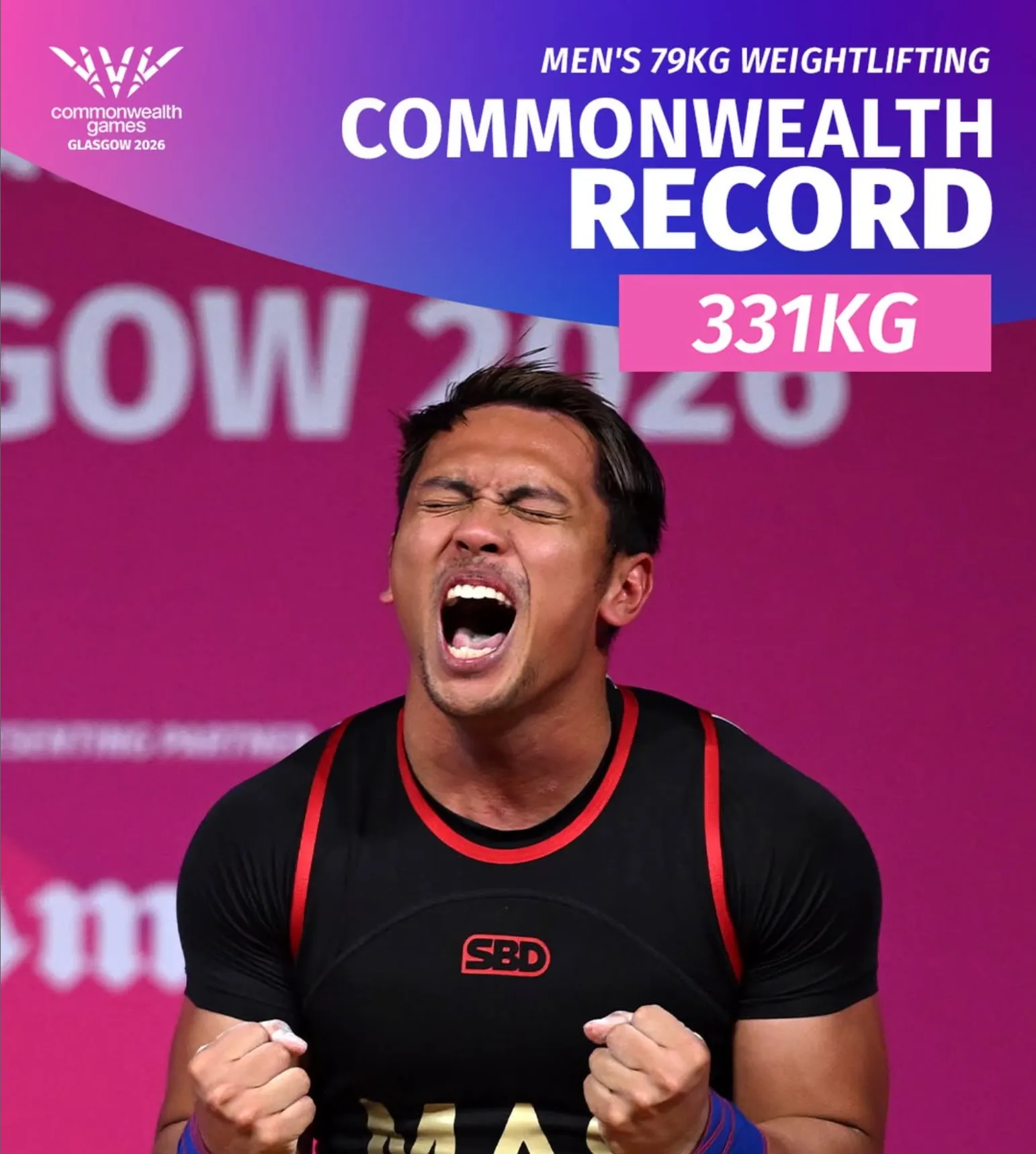 Broadcast graphic marking the men's 79kg Commonwealth record of 331kg at Glasgow 2026, showing Muhammad Erry Hidayat celebrating a lift.