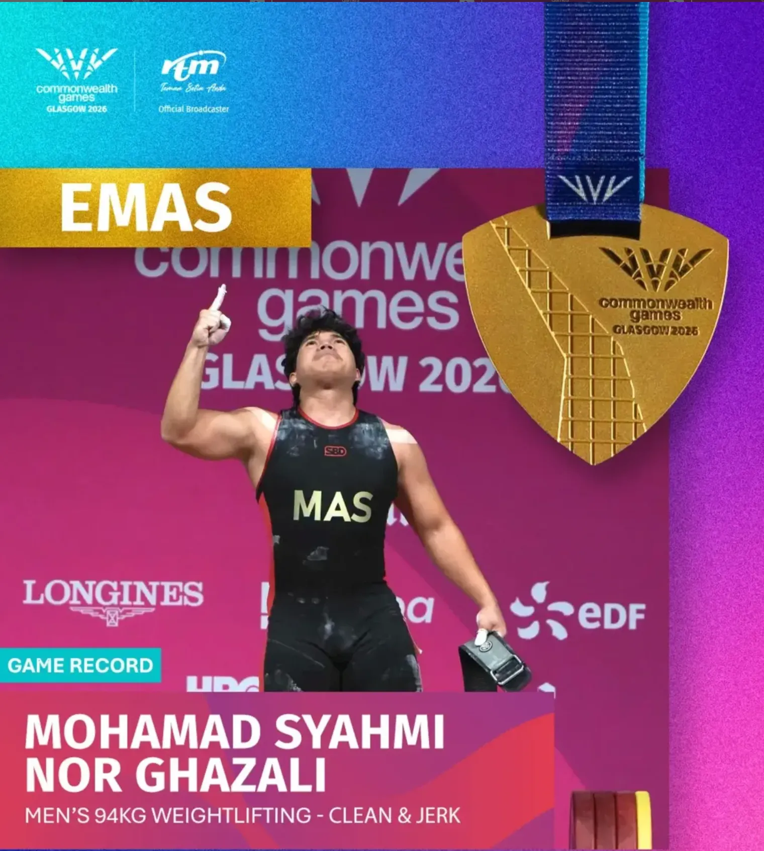 Broadcast graphic marking Mohamad Syahmi Nor Ghazali's gold and Games record in the men's 94kg clean and jerk at Glasgow 2026.