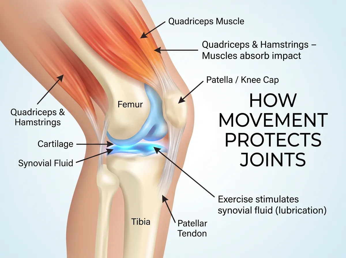 Cross-section of a knee joint labelling the femur, tibia, patella, cartilage, synovial fluid and patellar tendon, with the quadriceps and hamstrings marked as the muscles that absorb impact, and a note that exercise stimulates synovial fluid.